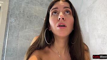 wet brunette has sex in the shower, blowing and doggystyling with eye rolling