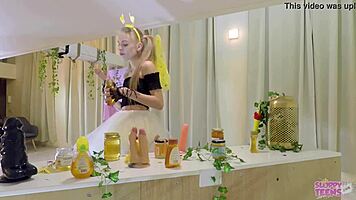 petite girl in bee costume licks honey and sucks my cock