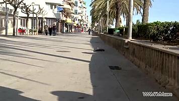 Big ass brunette enjoys stranger's toy. She gets pounded hard in public pussy play