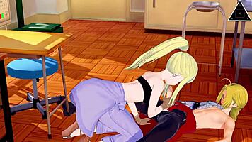 Blonde teen gives intense fast handjob to monster cock in anime.