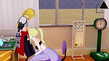 Blonde teen gives intense fast handjob to monster cock in anime.