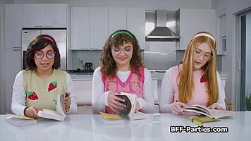 nerdy girlfriends turn book club into foursome at night club, sucking cocks and blowjobs 😏