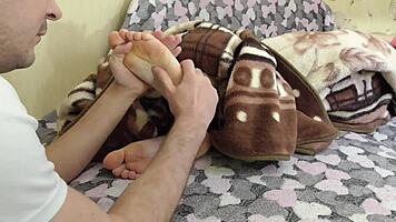 step sister gives blowjob while indulging in hot foot fetish