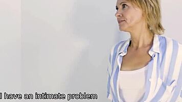 shame4k blonde mature gets turned on seeing her patient naked in the office.