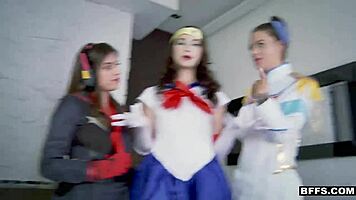 hot teen cosplay queens sharing that monster cock in a foursome, riding and titty fucking!