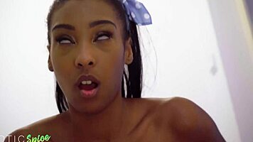 Deviante, check British ebony Asia Rae licking pussy to orgasm and hardcore fucking in laundry