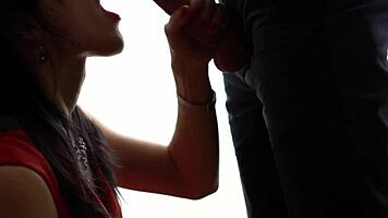 hot wife deepthroats big cock in red dress for friend cum in mouth