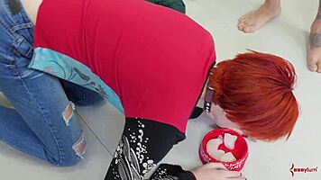 Submissive gets flogged, drinks lube in rough bondage