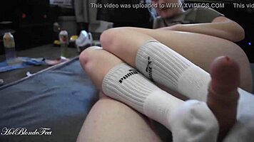 Footjob in long socks by Miley Grey