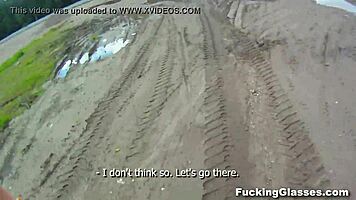 fucking glasses teen gets blowjob and pussy pounded on construction site, swallowing cum