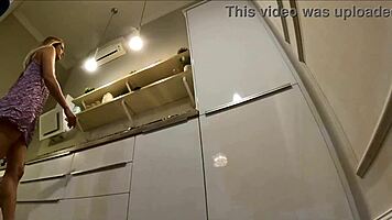 hot babe girlfriend teases with pussy and tits in kitchen for casting in skimpy sundress. nothing hidden in this audition scene.