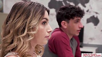 big tits milf teacher licks and fucks teen students in threesome.