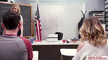 big tits milf teacher licks and fucks teen students in threesome.