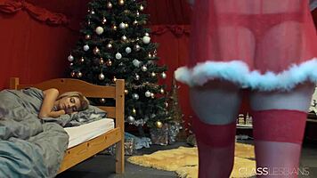she moans as her lesbian friend fucks her with a sex toy during christmas