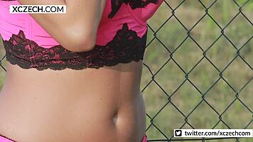 Beautiful blonde teen boldly strips and shows pussy in public outdoor setting