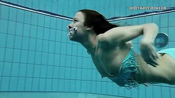 Beautiful Brunette Gazel Podvodkova Underwater in Pool
