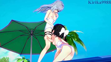 Miku Kohinata and Laura Bodewig engage in sexy lesbian play in this hentai scene 😘