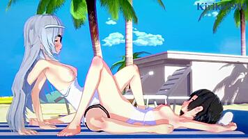 Miku Kohinata and Laura Bodewig engage in sexy lesbian play in this hentai scene 😘