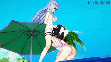 Miku Kohinata and Laura Bodewig engage in sexy lesbian play in this hentai scene 😘