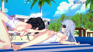 Miku Kohinata and Laura Bodewig engage in sexy lesbian play in this hentai scene 😘