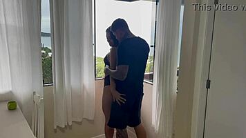 Submissive rider gets assfucked with buttplug in lingerie at beach house, gaping and spitting