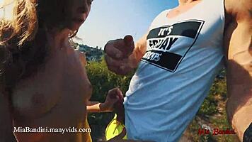 athletic couple fucks outdoors in public with panoramic view and cumshot on mouth mia bandini