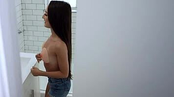 Insecure stepsister sucking and fucking black monster cock, petite teen with small tits