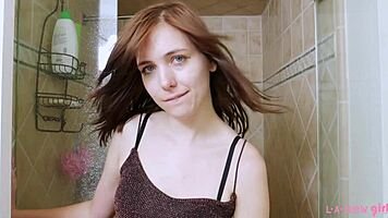 Captivating Brunette Enjoys Sensual Shower with Steamy Lesbian Vibes