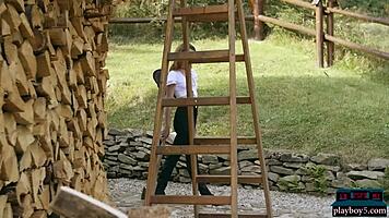 Tiny teen playboy model strips naked outdoor chopping wood!