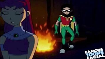 starfire feels intense emotions during doggystyle with robin in hentai