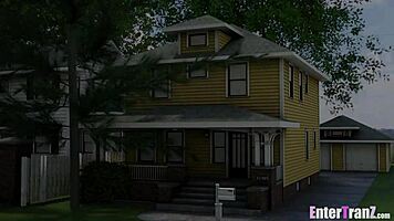 Sexy trans freak takes dilf's big black cock all over house