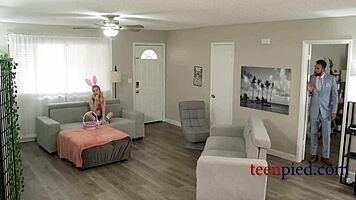 Step daughter in bunny costume feels excited with daddy.