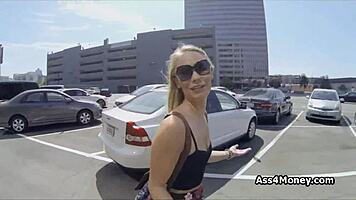 Barista chick spreading wide for cock and cash in public