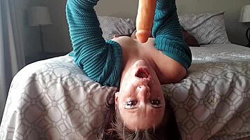Upside down dildo gag deepthroat