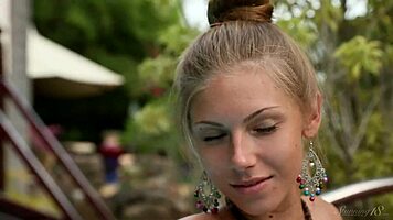 sexy blue-eyed blonde teen 18+ strips naked by the pool for full erotic video