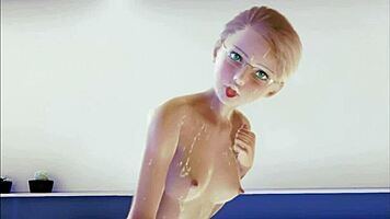 Teen in stockings enjoys solo moments in 3d animation.