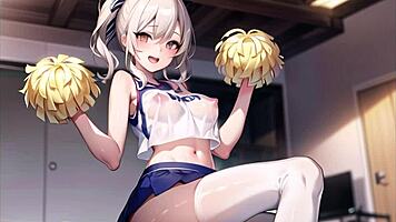 Hot anime cheerleader motivates you with transparent cloth and pussy masturbation