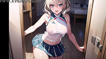 Hot anime cheerleader motivates you with transparent cloth and pussy masturbation