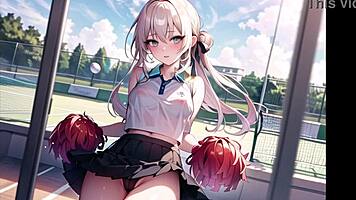 Hot anime cheerleader motivates you with transparent cloth and pussy masturbation