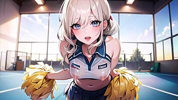 Hot anime cheerleader motivates you with transparent cloth and pussy masturbation