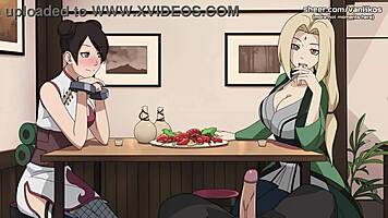 Tsunade and Tenten from Naruto give wild handjobs and foot jobs at a public restaurant. It’s pure hentai chaos in part 8!