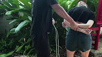 Beauty from the park gets tangled up in wild outdoor bondage. Can't believe how she moans with every tickle!