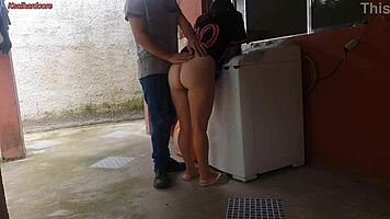 Married housewife pays washing machine technician with her ass while husband is away