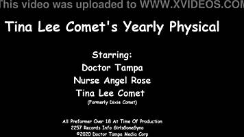 tina lee comet squirms during awkward gyno exam with doctor tampa. nurse angel rose assists at girlsgonegyno!