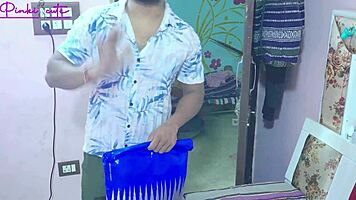 Naked Ravinadesi stepsister shaves hairy pussy close-up in front of saloon man