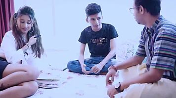 Young indian amateur enjoys missionary creampie with college teacher and stepbrother in bedroom