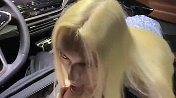 Busty blonde fucked in car, cum on face