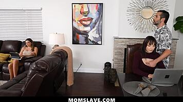 Unemployed daddy takes control of hot wife and cute stepdaughter at work