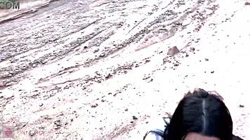 she shows her face with glasses, giving a deep blowjob in a beautiful canyon