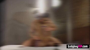 Flat Chested Asian Ladyboy Wears Sexy Fishnet Body.